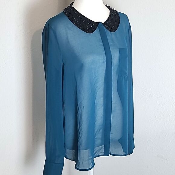 Kensie Sheer Dark Teal Buttondown Blouse with Black Beaded Collar, Size Large - Picture 2 of 9